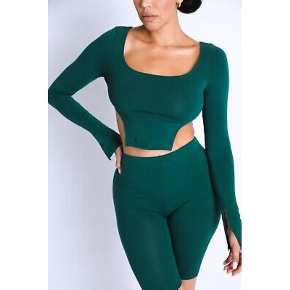 Tops - Women Side Cutout Square Neckline Crop Top And Matching Biker Shorts 2 Piece Set